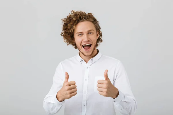 Portrait Happy Young Man Curly Hair Isolated White Background Giving — Stock Photo, Image