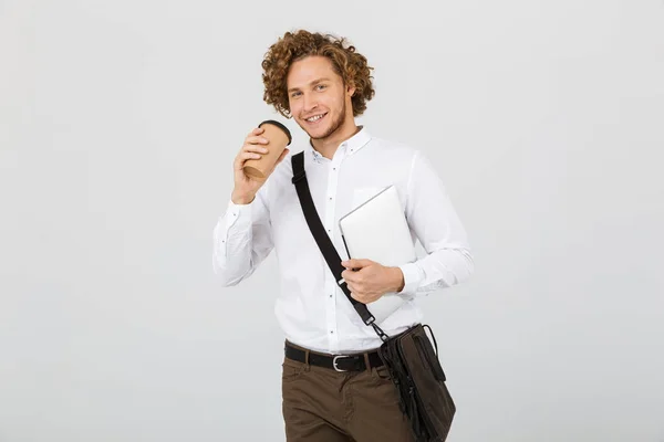 Portrait Cheerful Young Man Wearing Shirt Standing Isolated Gray Background — Stock Photo, Image