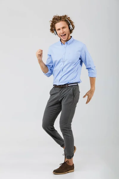 Full Length Portrait Cheerful Young Man Curly Hair Isolated White — Stock Photo, Image