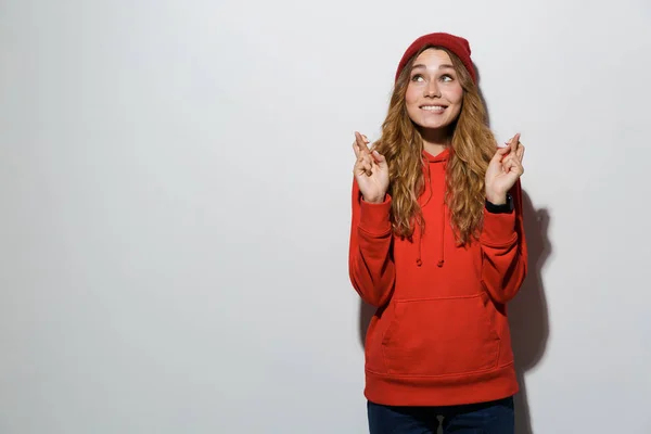 Εικόνα Του Προληπτικός Ευρωπαία Γυναίκα Ρούχα Κρατώντας Δάχτυλα Διέσχισαν Δύο — Φωτογραφία Αρχείου