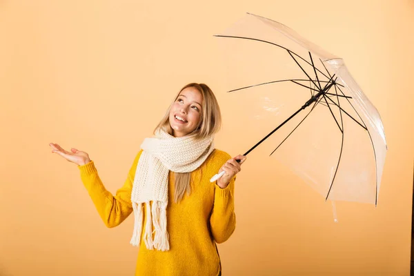 Foto Una Linda Mujer Con Bufanda Sosteniendo Paraguas Posando Aislada — Foto de Stock