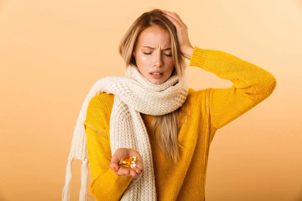 Image Beautiful Sad Ill Young Woman Isolated Yellow Background Wearing — Stock Photo, Image