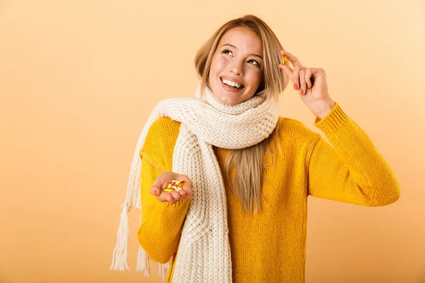 Image Beautiful Happy Young Woman Isolated Yellow Background Wearing Scarf — Stock Photo, Image