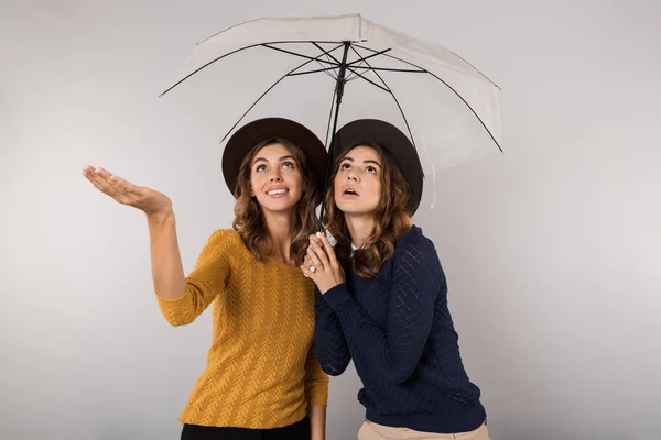 Imagen Dos Hermosas Mujeres Con Sombreros Bajo Paraguas Aislados Sobre — Foto de Stock