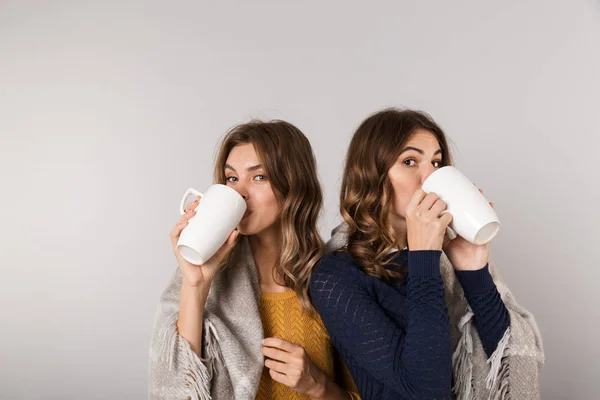 Imagen Dos Mujeres Jóvenes Cubiertas Con Manta Bebiendo Caliente Tazas —  Fotos de Stock