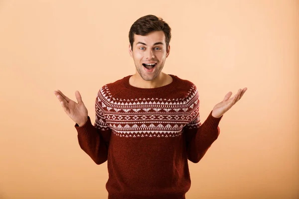 Image Joyful Man 20S Bristle Wearing Knitted Sweater Laughing Camera — Stock Photo, Image