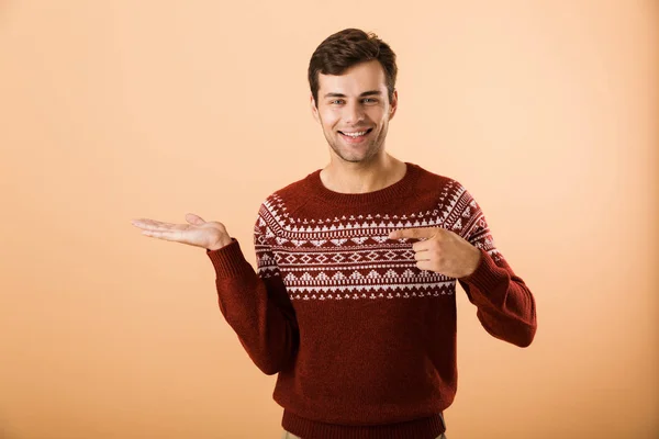 Image Good Looking Man 20S Bristle Wearing Knitted Sweater Pointing — Stock Photo, Image