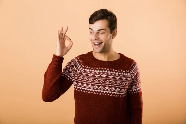 Image Beautiful Man 20S Bristle Wearing Knitted Sweater Laughing Showing — Stock Photo, Image