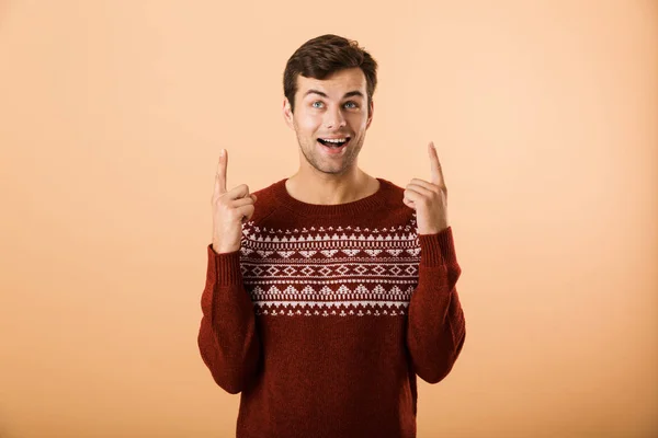 Image Caucasian Man 20S Bristle Wearing Knitted Sweater Pointing Finger — Stock Photo, Image