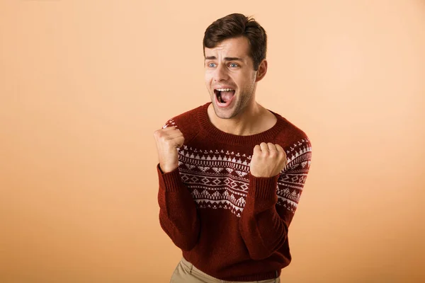 Imagen Del Hombre Alegre Años Con Rastrojo Usando Suéter Punto —  Fotos de Stock