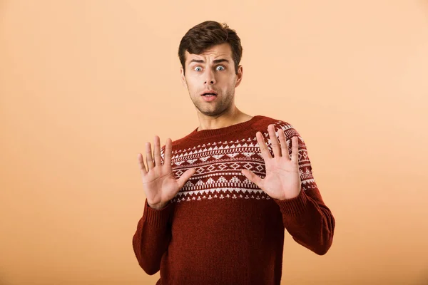 Image Upset Man 20S Stubble Wearing Knitted Sweater Doing Stop — Stock Photo, Image