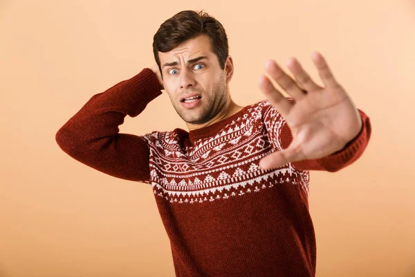 Image Displeased Man 20S Stubble Wearing Knitted Sweater Doing Stop — Stock Photo, Image