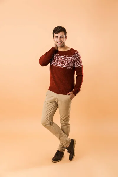 Imagen Completa Hombre Morena Años Con Cerdas Usando Suéter Punto — Foto de Stock