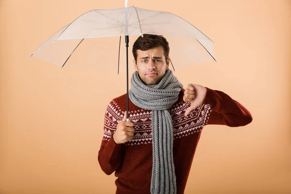 Retrato Joven Triste Vestido Con Suéter Bufanda Aislado Sobre Fondo —  Fotos de Stock