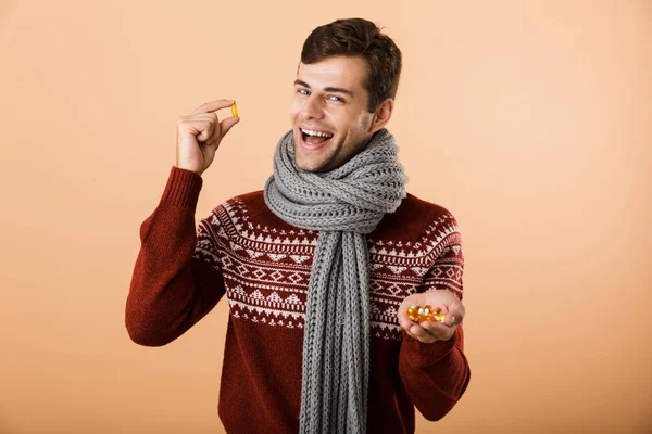 Portrait Happy Man Dressed Sweater Scarf Isolated Beige Background Showing — Stock Photo, Image