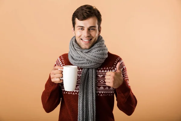 Retrato Hombre Alegre Vestido Con Suéter Bufanda Aislado Sobre Fondo —  Fotos de Stock