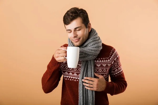 Retrato Hombre Alegre Vestido Con Suéter Bufanda Aislado Sobre Fondo —  Fotos de Stock