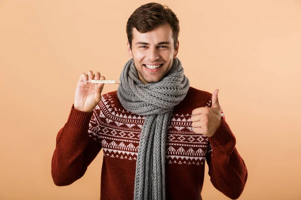 Portrait Happy Young Man Dressed Sweater Scarf Isolated Beige Background — Stock Photo, Image