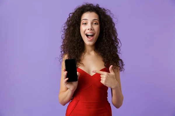 Image European Woman 20S Wearing Red Dress Holding Black Smartphone — Stock Photo, Image