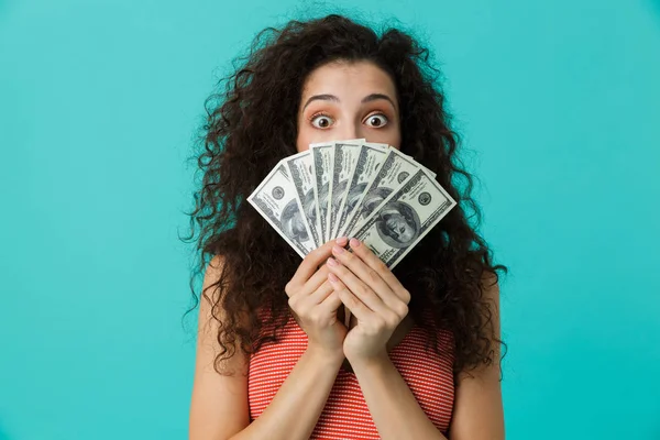 Imagen Mujer Feliz 20S Usando Ropa Casual Sosteniendo Ventilador Dólar —  Fotos de Stock