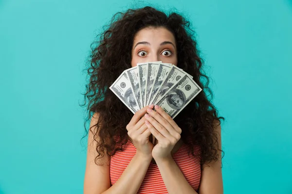 Imagem Mulher Feliz 20S Vestindo Roupas Casuais Segurando Dinheiro Dólar — Fotografia de Stock