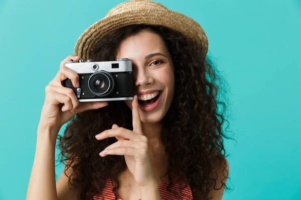 Portrait Cute Woman 20S Wearing Straw Hat Photographing Retro Camera — Stock Photo, Image