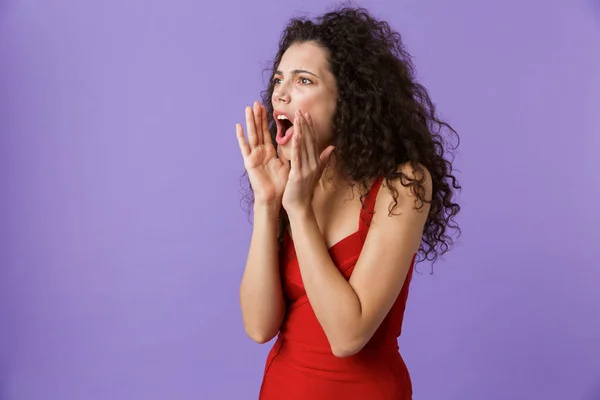 Retrato Una Mujer Alegre Con Pelo Rizado Oscuro Usando Vestido —  Fotos de Stock