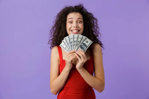 Portrait Satisfied Woman Dark Curly Hair Wearing Red Dress Isolated — Stock Photo, Image