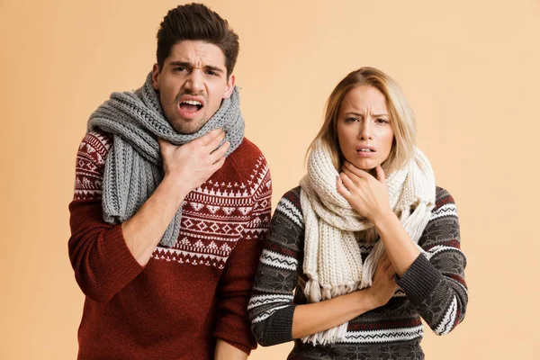 Retrato Una Pareja Joven Congelada Vestida Con Suéteres Bufandas Pie —  Fotos de Stock