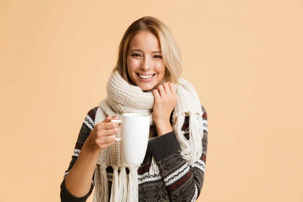 Retrato Una Chica Feliz Vestida Con Suéter Bufanda Aislada Sobre —  Fotos de Stock