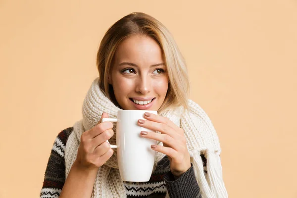 Close Portrait Happy Girl Dressed Sweater Scarf Isolated Beige Background — Stock Photo, Image