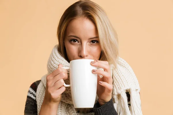 Close Portrait Happy Girl Dressed Sweater Scarf Isolated Beige Background — Stock Photo, Image