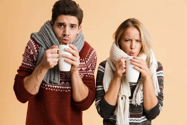 Retrato Una Pareja Joven Congelada Vestida Con Suéteres Bufandas Pie —  Fotos de Stock