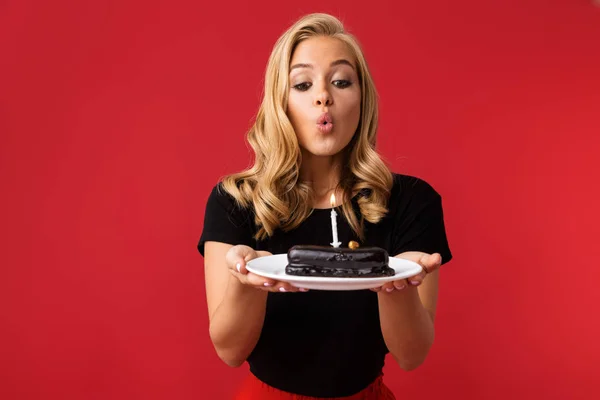 Image Young Happy Woman Showing Birthday Sweetie Plate Isolated Red — Stock Photo, Image