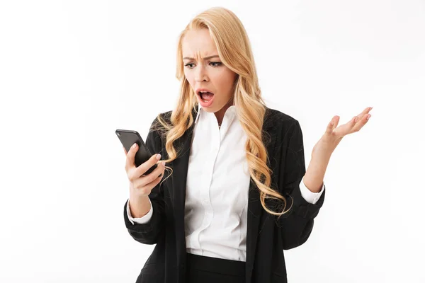 Imagen Mujer Negocios Conmocionada Emocionada Posando Aislada Sobre Pared Fondo — Foto de Stock