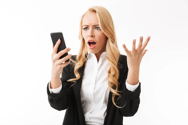 Bild Der Aufgeregten Schockierten Geschäftsfrau Posiert Isoliert Über Weißem Hintergrund — Stockfoto