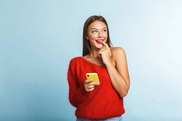 Afbeelding Van Een Mooie Dromen Denken Jonge Vrouw Poseren Geïsoleerd — Stockfoto