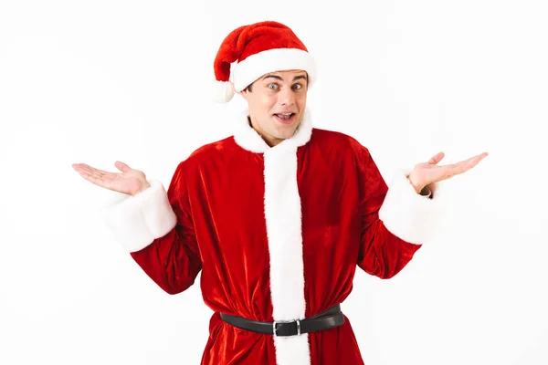 Portrait Surprised Man 30S Santa Claus Costume Red Hat Throwing — Stock Photo, Image