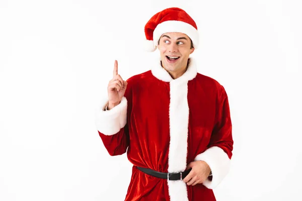 Porträtt Upphetsad Man 30S Santa Claus Kostym Och Röd Hatt — Stockfoto