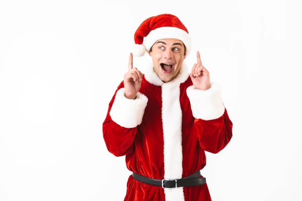 Ritratto Uomo Deliziato Anni Costume Babbo Natale Cappello Rosso Gesticolando — Foto Stock