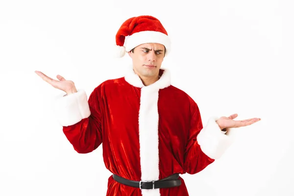 Portrait European Man 30S Santa Claus Costume Red Hat Holding — Stock Photo, Image