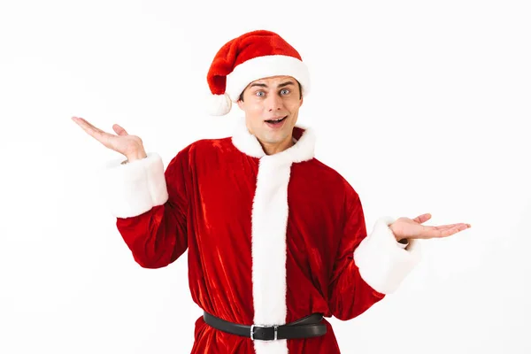 Portret Van Feestelijke Man 30S Santa Claus Kostuum Rode Hoed — Stockfoto