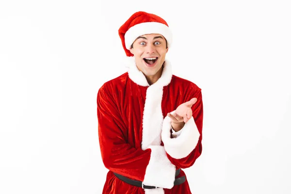 Portrét Šťastný Muž 30S Kostýmu Santa Clause Red Hat Ukázal — Stock fotografie