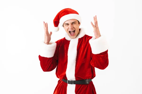 Portrait Ecstatic Man 30S Santa Claus Costume Red Hat Screaming — Stock Photo, Image