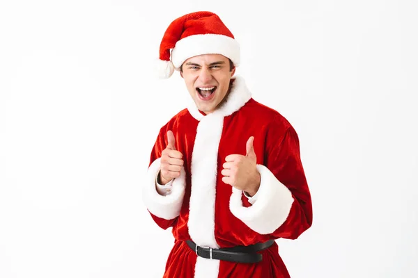 Portrait Positive Man 30S Santa Claus Costume Red Hat Laughing — Stock Photo, Image