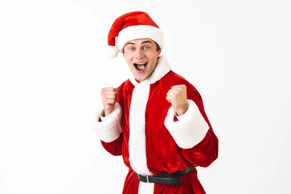 Porträt Eines Optimistischen Mannes Den 30Er Jahren Weihnachtsmann Kostüm Und — Stockfoto