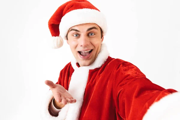 Portrait Optimistic Man 30S Santa Claus Costume Red Hat Laughing — Stock Photo, Image