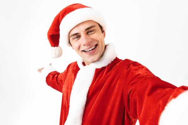 Portrait Glad Man 30S Santa Claus Costume Red Hat Laughing — Stock Photo, Image