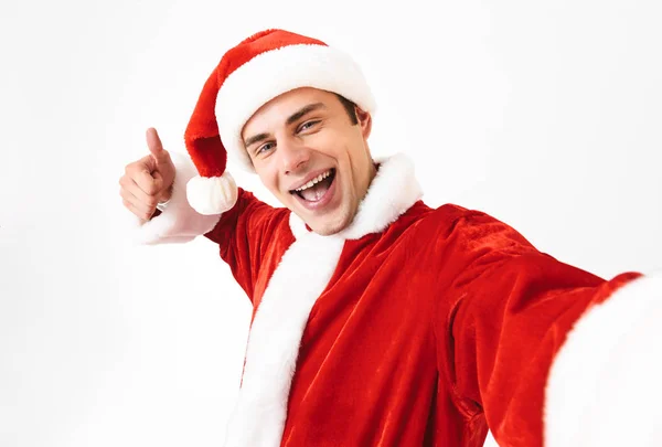 Portrait Homme Heureux Trentaine Costume Père Noël Claus Chapeau Rouge — Photo