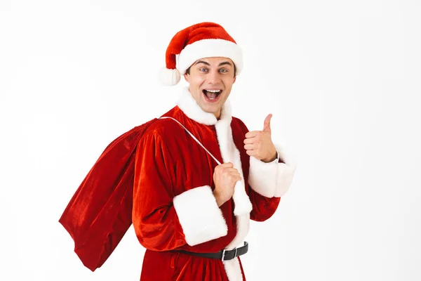 Portrait Young Man 30S Santa Claus Costume Red Hat Carrying — Stock Photo, Image